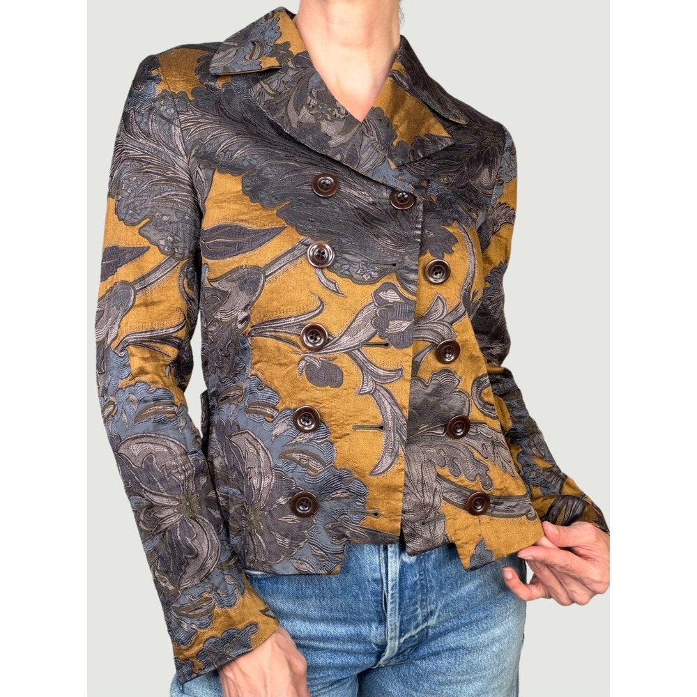 Dries Van Noten Silk Linen Jacquard Double Breasted Jacket Blazer Brocade S 38
